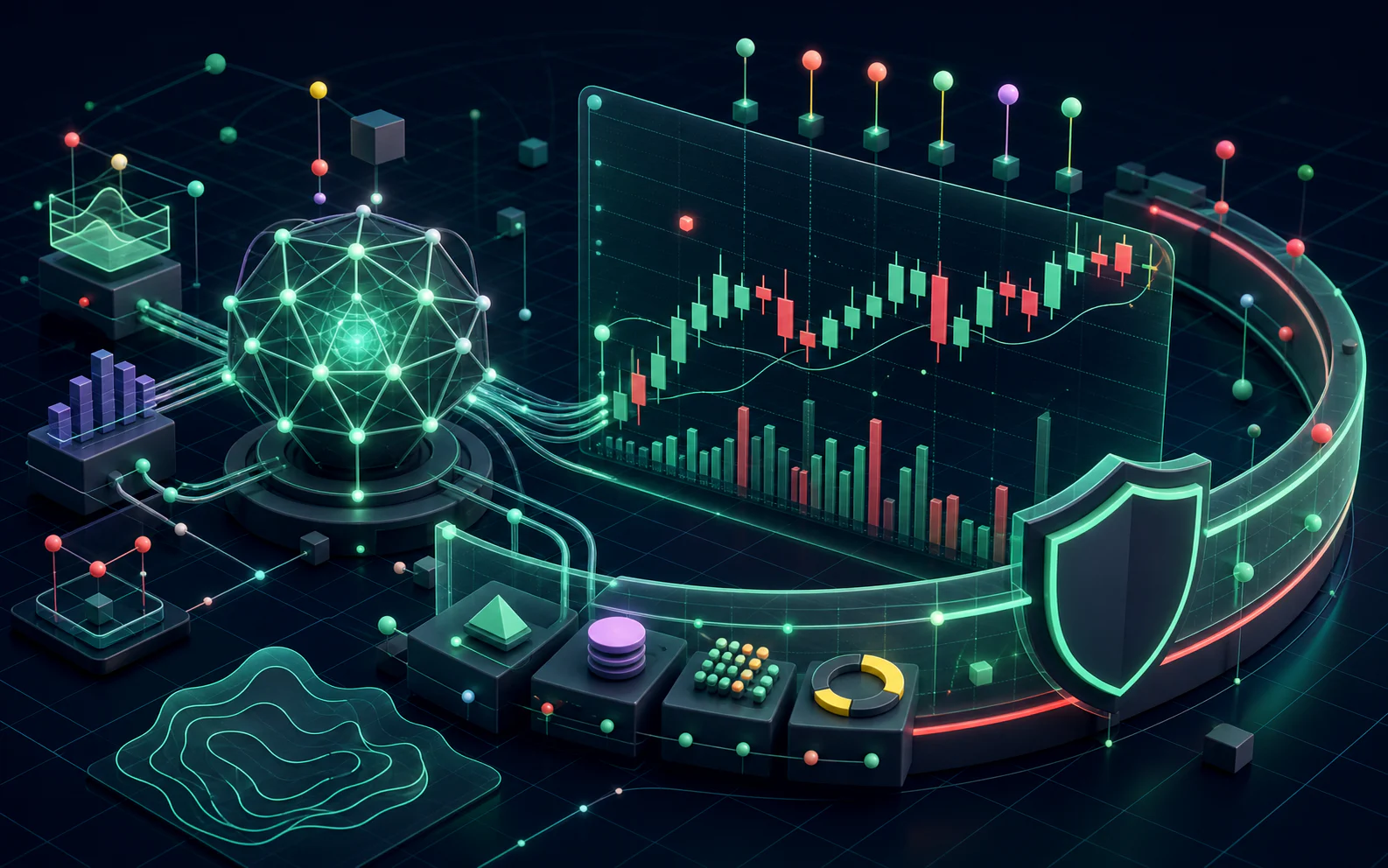 AI trading engine connecting market signals to charts inside a protective risk-control ring
