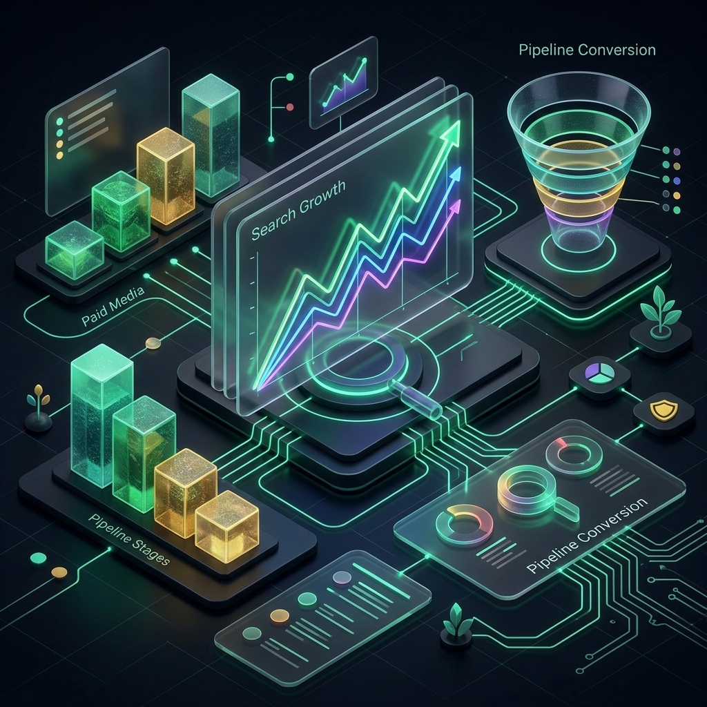 Futuristic dashboard visualising search growth, paid media pipelines, and SEO conversion metrics in neon green glassmorphism.