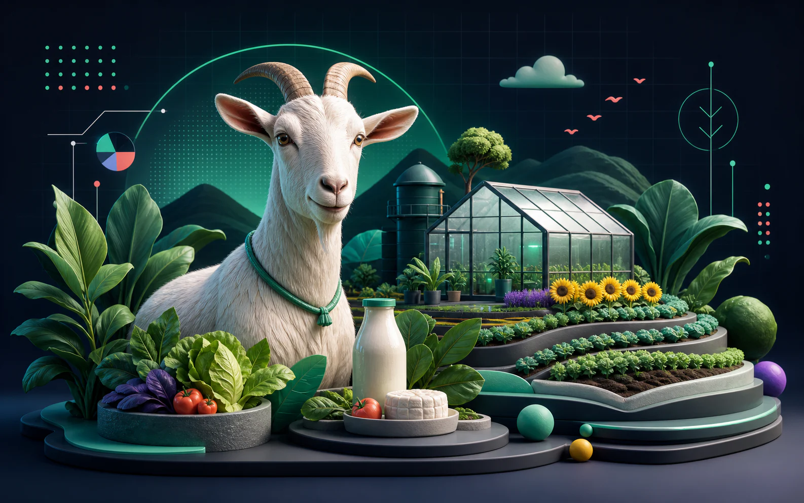 Stylized goat farm with organic crops and a modern greenhouse