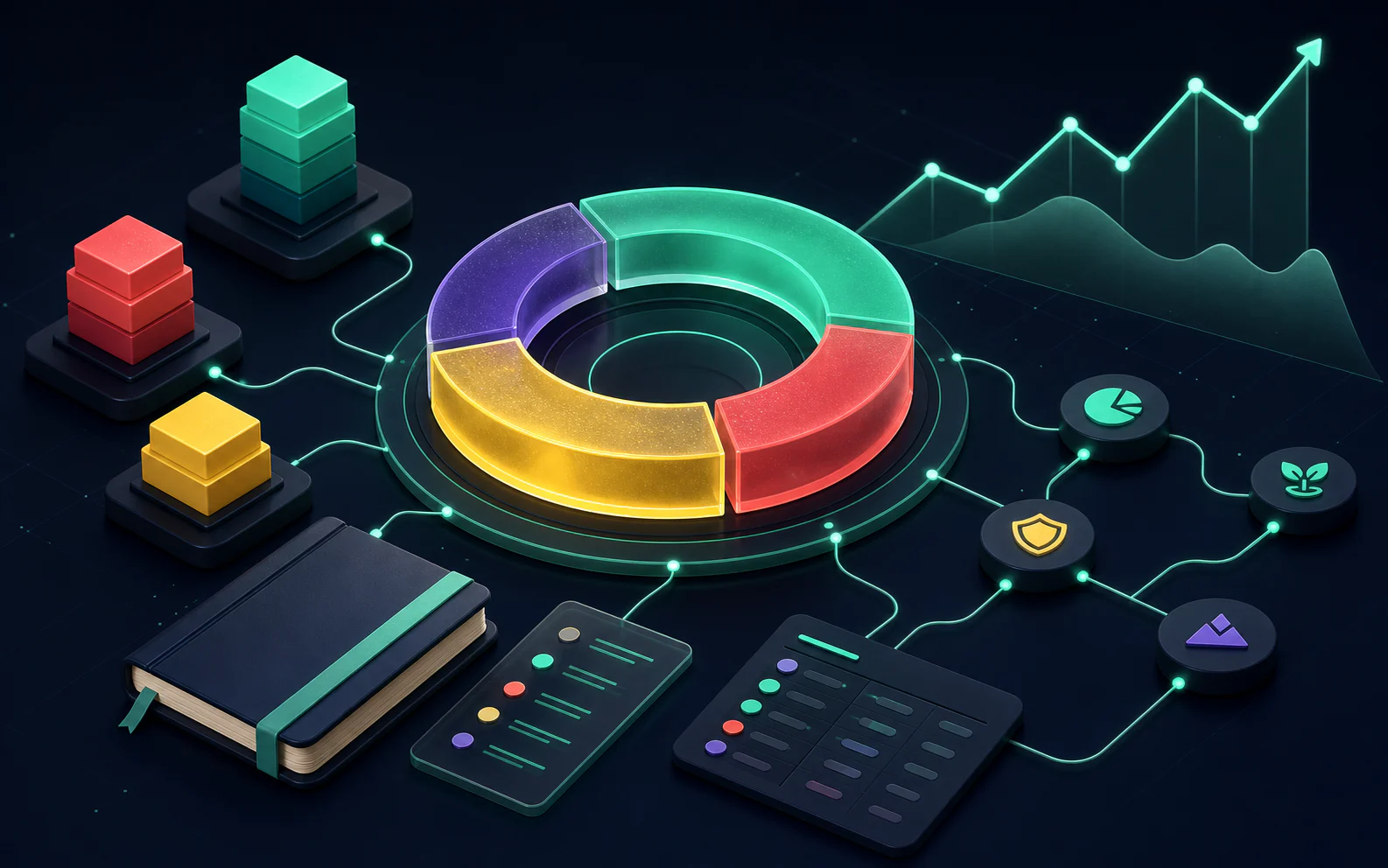 Portfolio allocation model connected to a ledger, asset blocks, and a performance chart