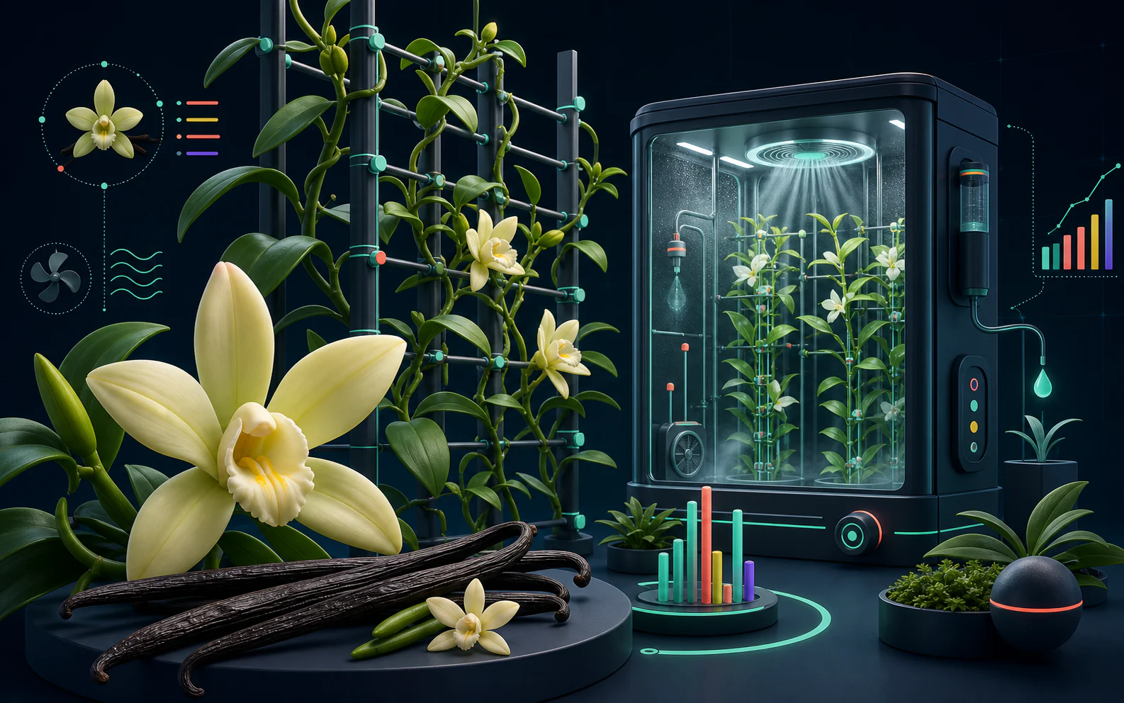 Vanilla orchids and pods growing in a climate-controlled cultivation chamber